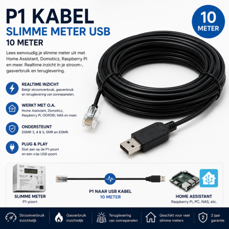 P1 Kabel Slimme Meter USB 10 Meter – Home Assistant, Domoticz & Raspberry Pi – DSMR 3/4/5