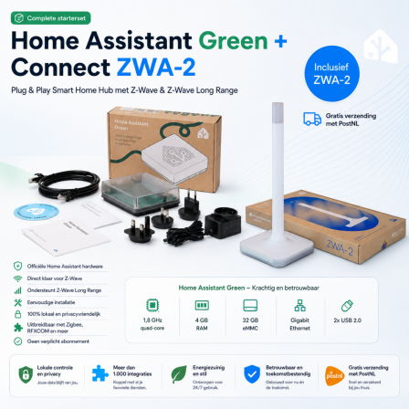 Home Assistant Green + Connect ZWA-2 – Plug & Play Smart Home Hub met Z-Wave & Z-Wave Long Range