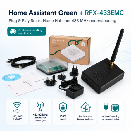 Home Assistant Green + RFXCOM RFX-433EMC – Complete Smart Home Hub met 433 MHz, USB, WiFi & MQTT