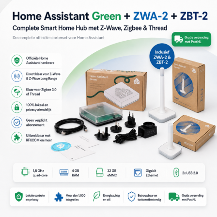 Home Assistant Green + ZWA-2 + ZBT-2 – Complete Smart Home Hub met Zigbee, Thread & Z-Wave